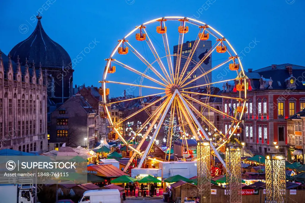 Ferris wheel, Christmas market, Christmas village on Place Saint Lambert square