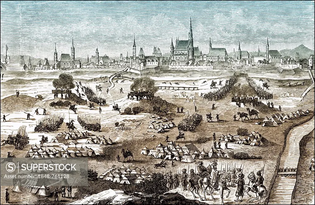 Historical illustration, the Turks or the Ottoman Army outside Vienna, The Second Siege of Vienna by the Ottoman Empire, 1683