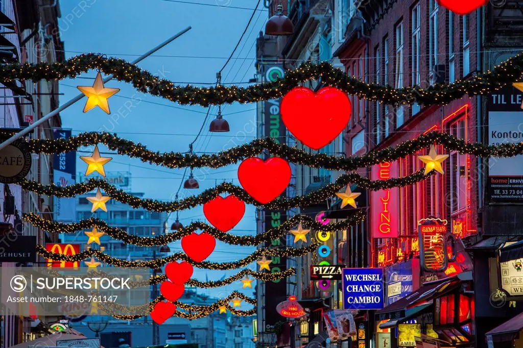 Strøget, pedestrian zone, at Christmas time, shops in the town centre