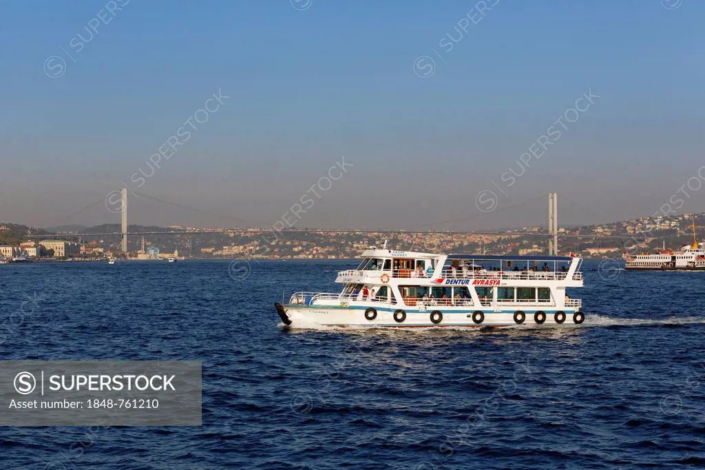 Ferry on Bosphorus with Bosphorus Bridge, Europe, Asia