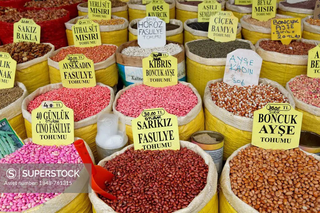Various beans in bags, Egyptian Bazaar, or Spice Bazaar, Misir Çars