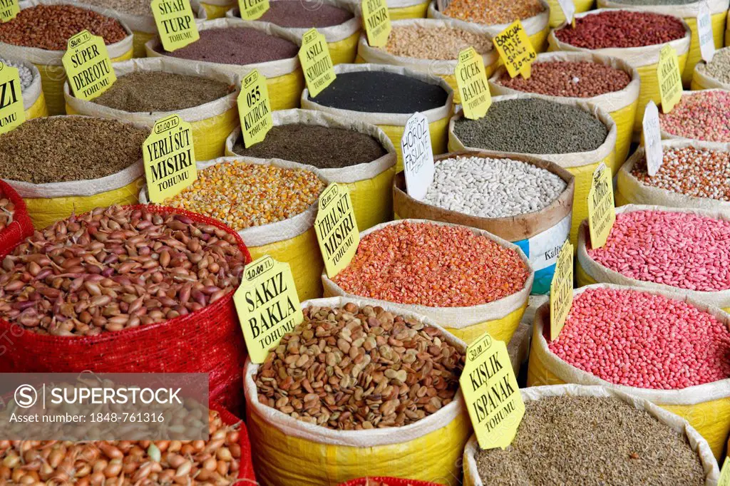 Various beans and corn in bags, Egyptian Bazaar, or Spice Bazaar, Misir Çars