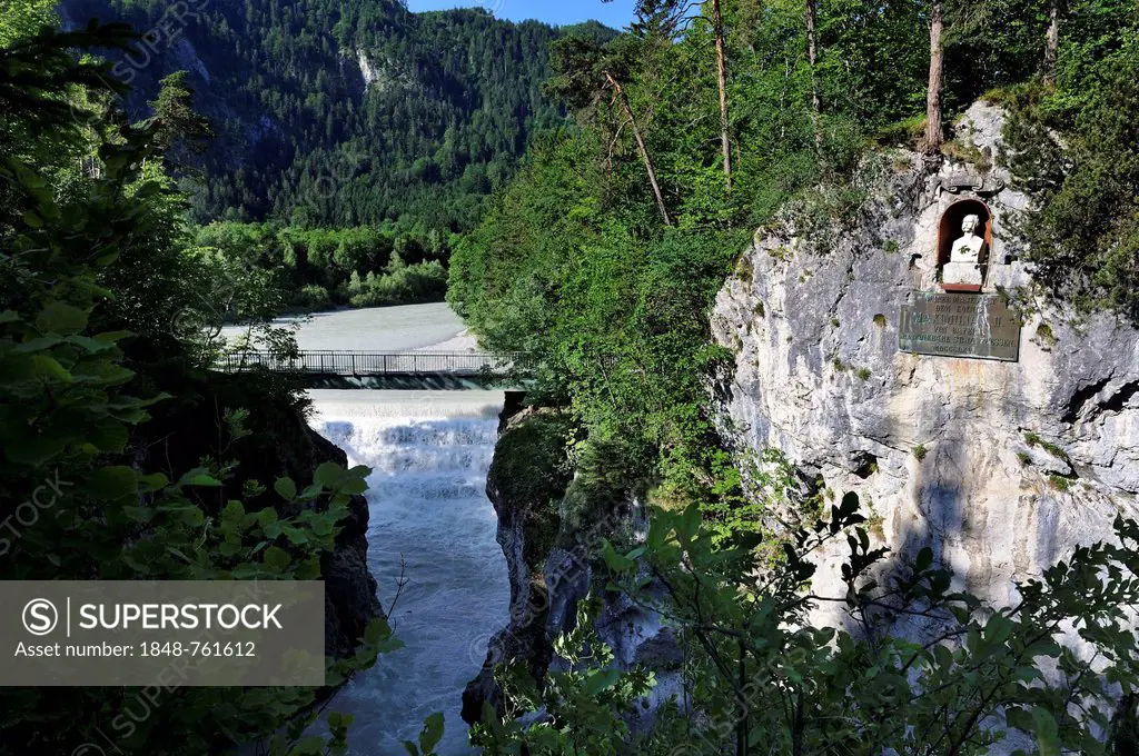Lech Falls, Lech River near Fussen, bust of King Maximilian II of Bavaria, Ostallgaeu, Allgaeu, Swabia, Bavaria, Germany, Europe, PublicGround