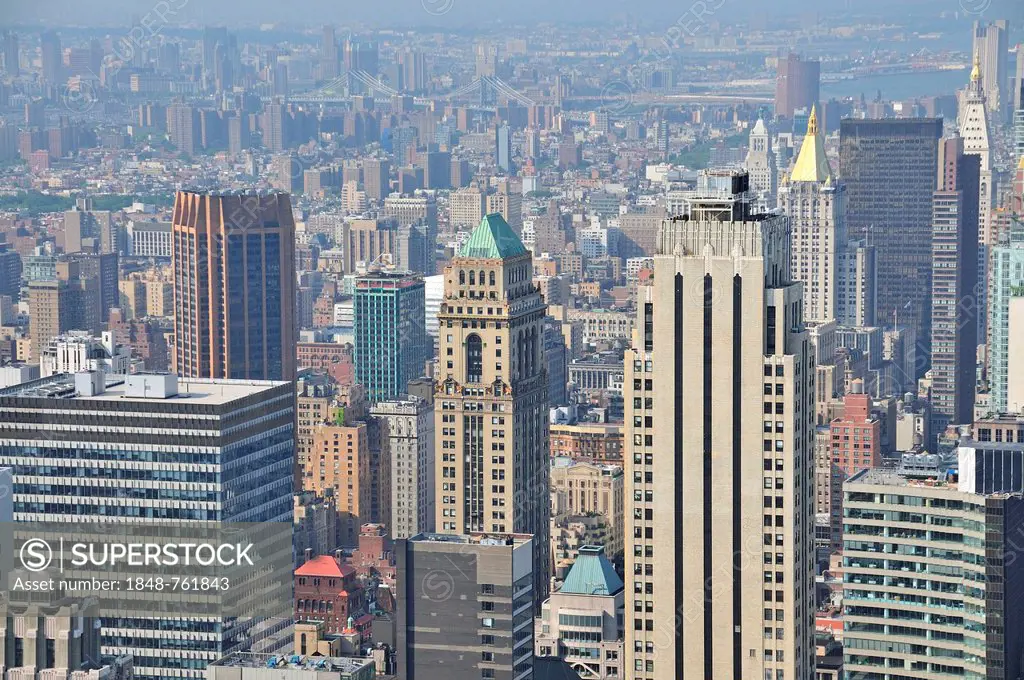 Panoramic view from the Top of the Rock observation deck at the Rockefeller Center in downtown Manhattan, Manhattan, New York City, USA, North America