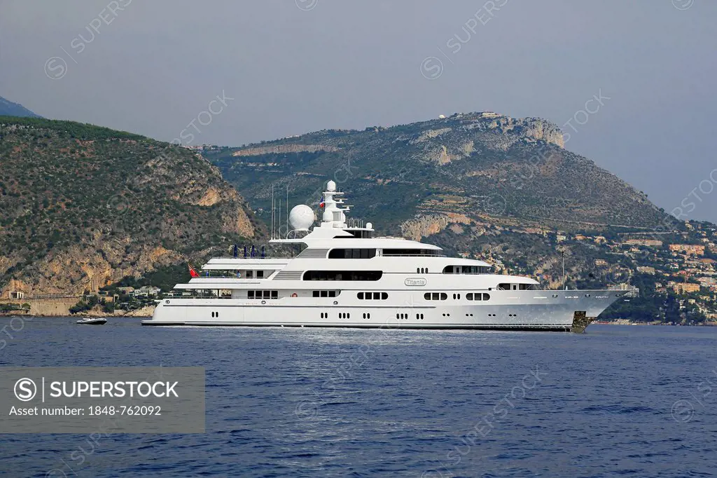 Motor yacht Titania, built by shipyard Luerssen Yachts, 71m in length, built in 2006, at Cap Ferrat, France, French Riviera, Mediterranean, Europe