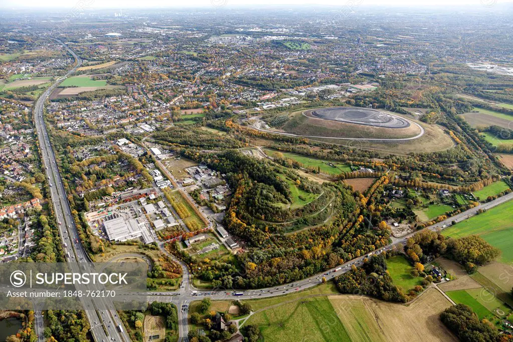 Aerial view, B224 highway, A2 motorway, spoil tips, Gladbeck, Ruhr area, North Rhine-Westphalia, Germany, Europe