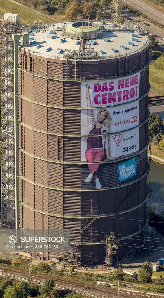 Aerial view, Gasometer with advertising for Centro, Oberhausen, Ruhr area, North Rhine-Westphalia, Germany, Europe