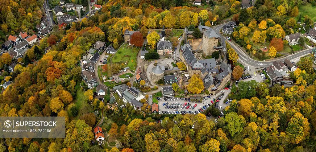Aerial view, Schloss Burg Castle on the Wupper, autumn, Solingen, Bergisches Land, North Rhine-Westphalia, Germany, Europe