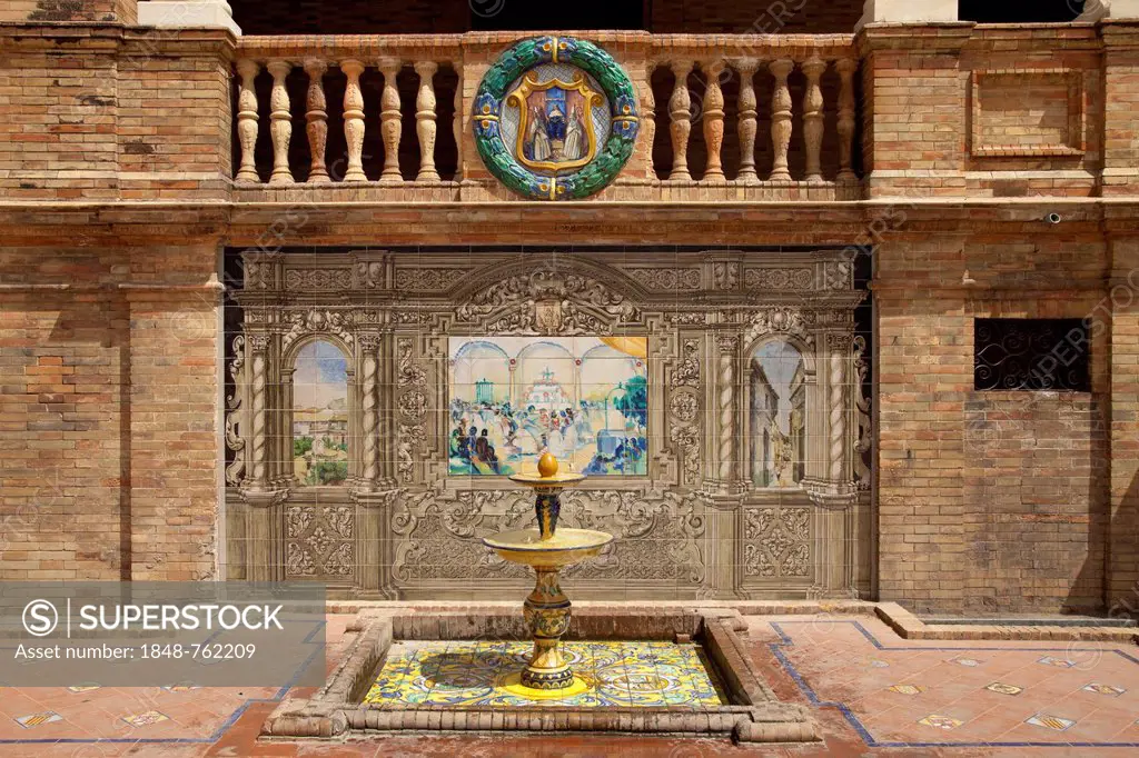 Mural and fountain made of tiles and ceramics at the Plaza de Espana, Seville, Andalusia, Spain, Europe