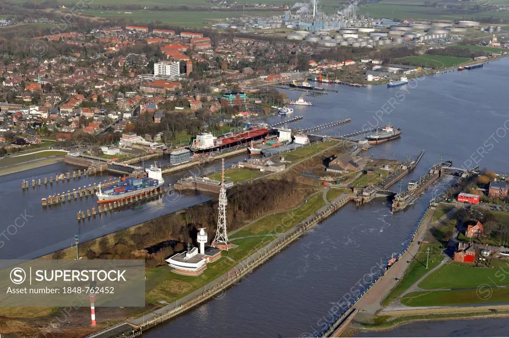 Lock of the Kiel Canal, German: Nord-Ostsee-Kanal, NOK, aerial photo