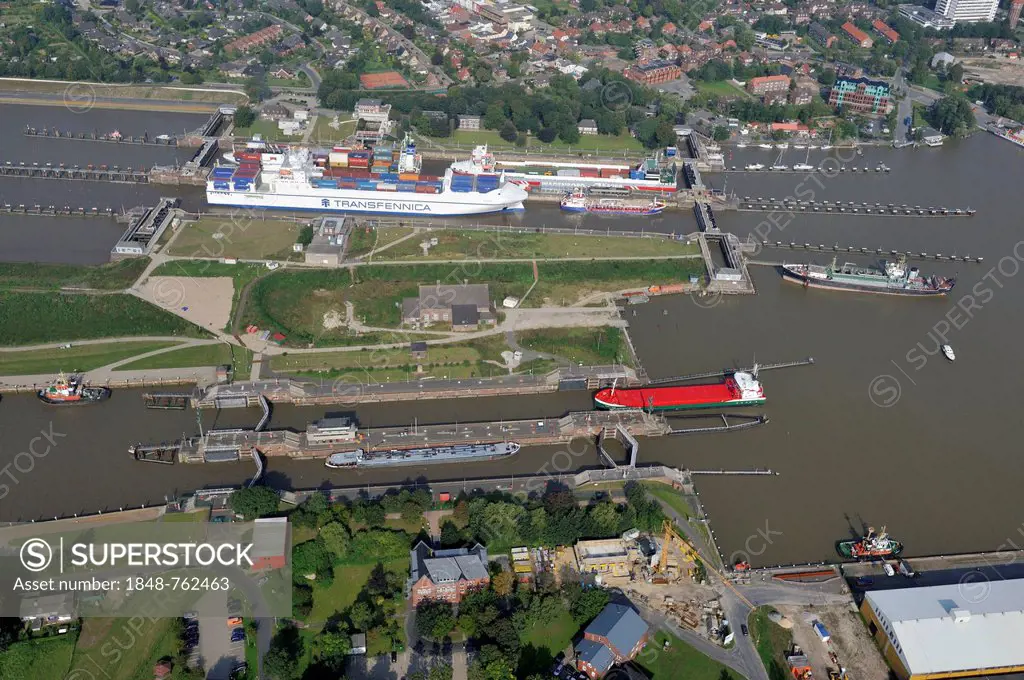Lock of the Kiel Canal, German: Nord-Ostsee-Kanal, NOK, aerial photo