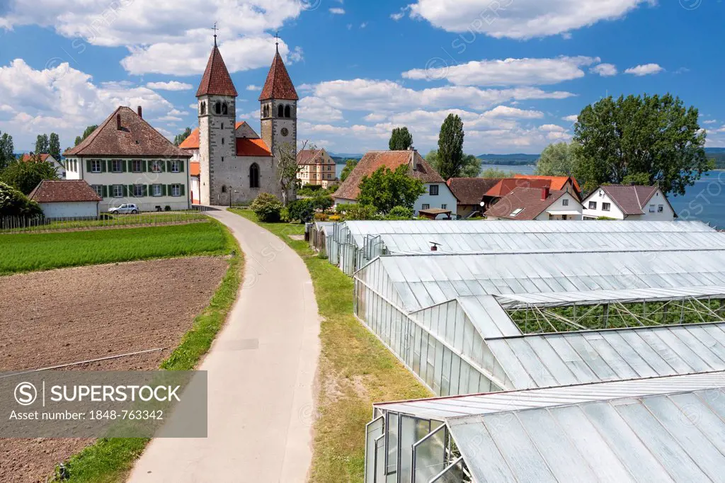 Church of St. Peter and Paul with greenhouses, in Niederzell on Reichenau Island, Lake Constance, Baden-Wuerttemberg, Germany, Europe, PublicGround