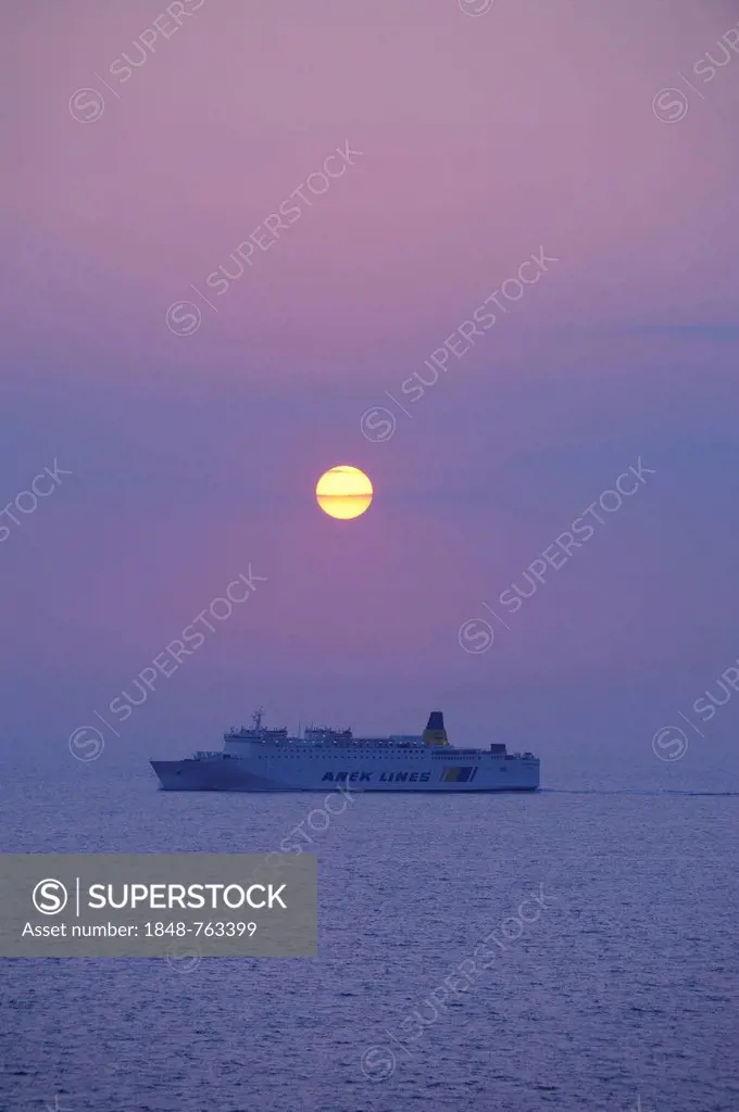 Anek Line ferry at sunset, Lefkas or Lefkada, Greece, Europe
