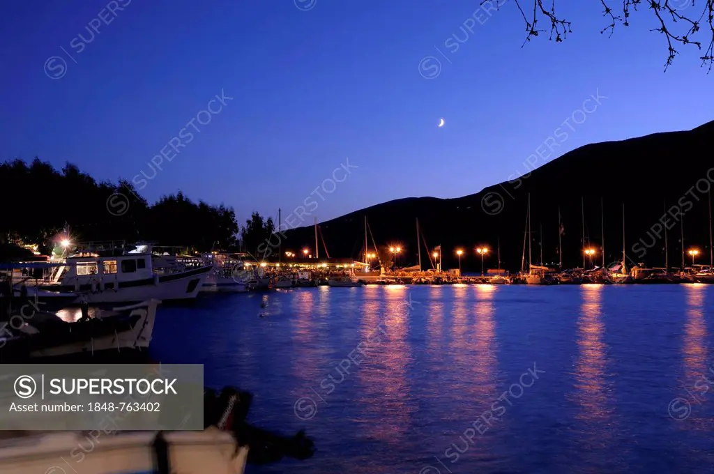 Port of Vassiliki in the moonlight, Lefkas or Lefkada, Greece, Europe