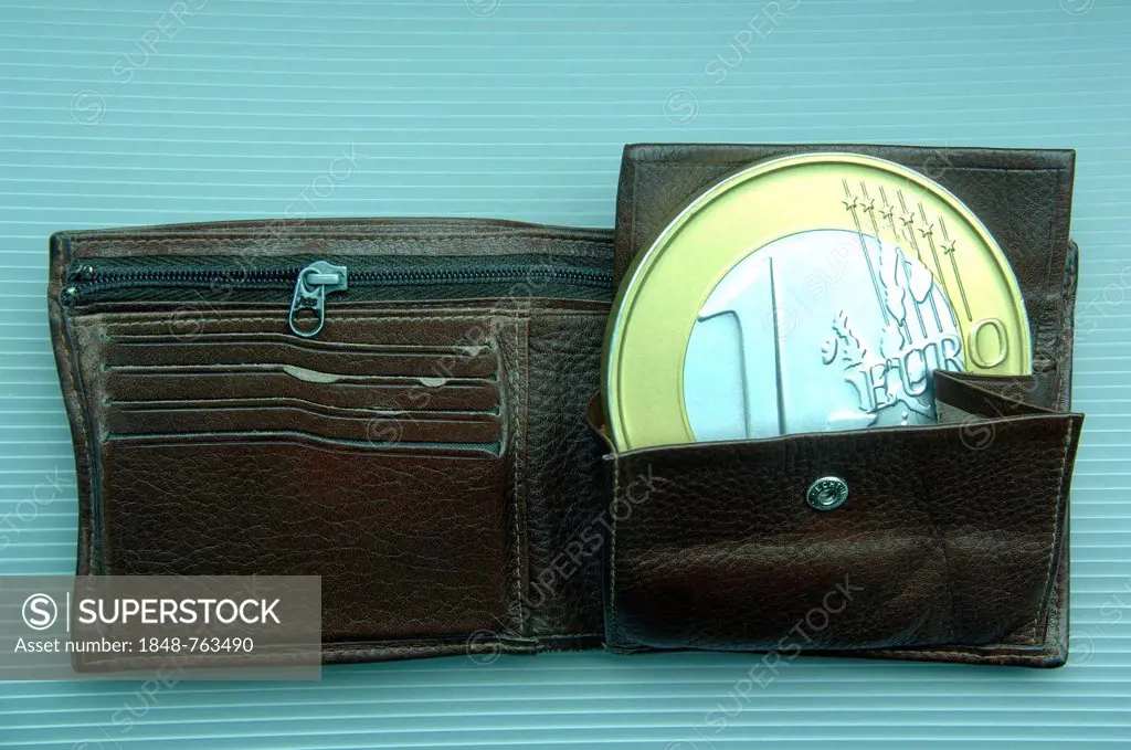 Oversized euro coin in a wallet