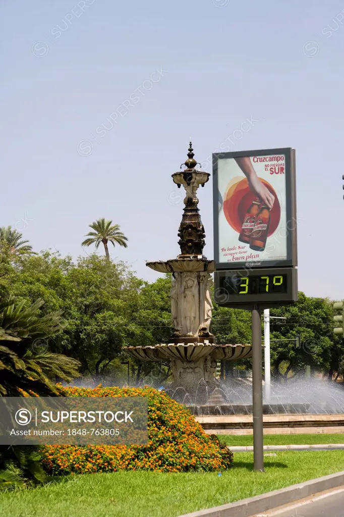 Advertisement sign with thermometer, Seville, Sevilla, Andalusia, Spain, Europe