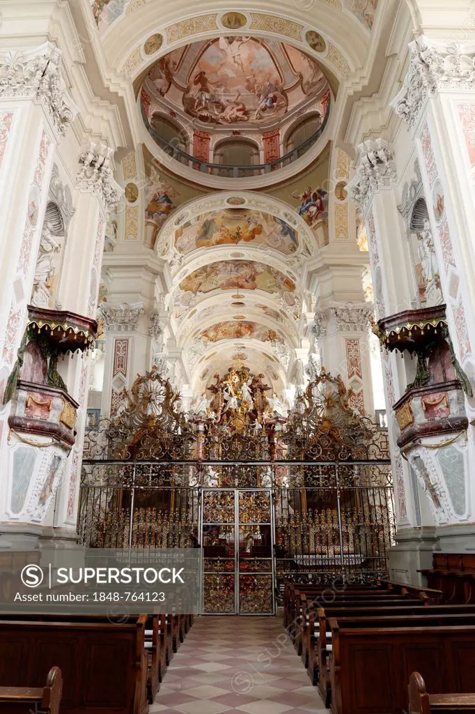 Interior view, former Schoental Cistercian Abbey, nave and altar of the baroque abbey church by architect Leonhard Dientzenhofer, Schoental in Jagstta...