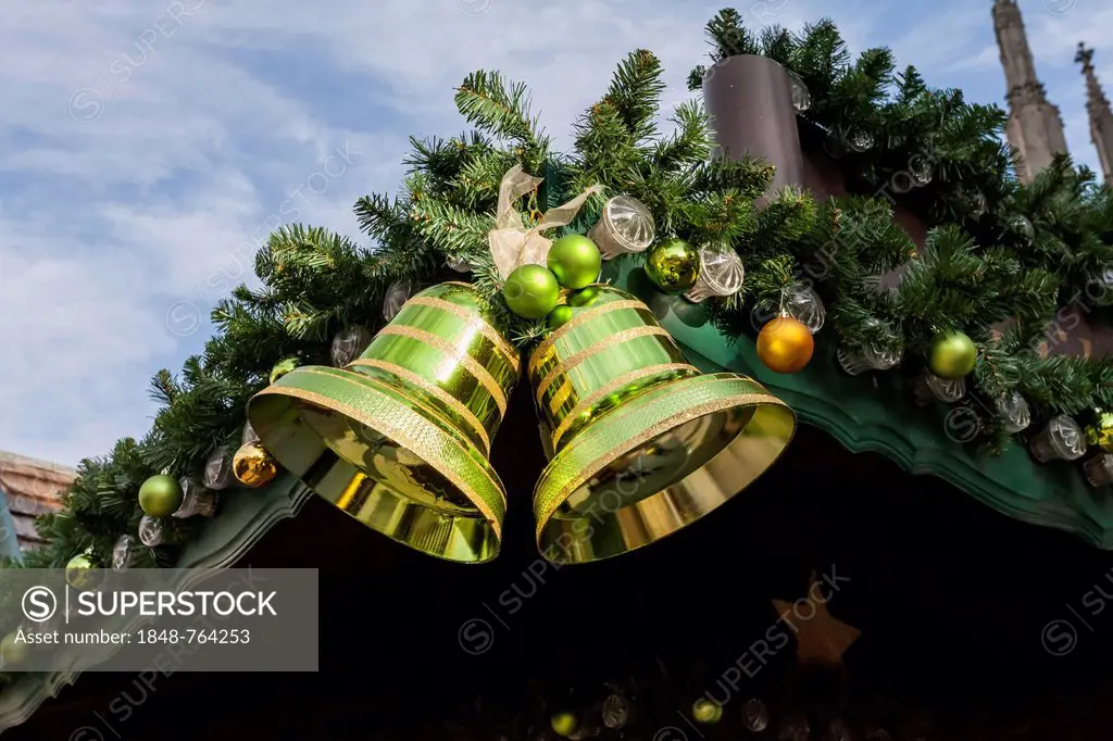 Christmas decoration with bells, Christmas market, Münsterplatz, Ulm, Baden-Wuerttemberg, Germany, Europe