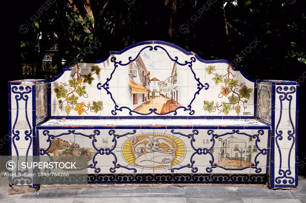 Bank decorated with tiles in Almeda Park, Marbella, Costa del Sol, Andalusia, Spain, Europe, PublicGround