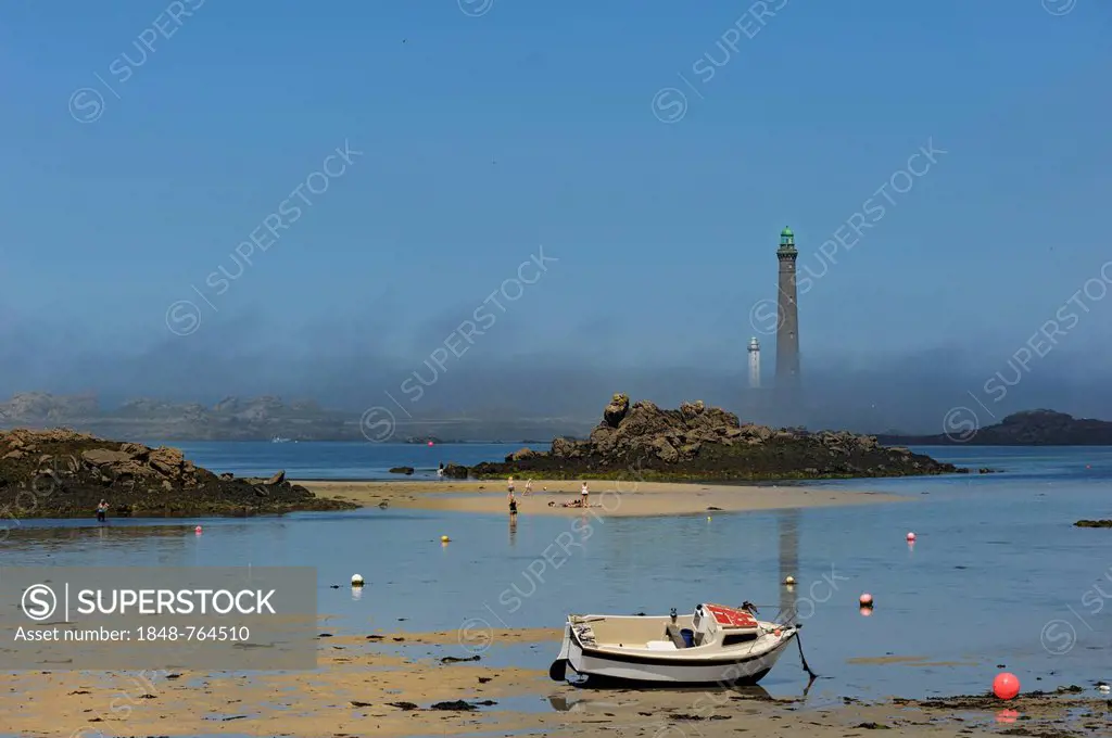 Boat on a beach, Phare de l'Ile Vierge lighthouse, Plouguerneau, Brittany, Finistere, France, Europe, PublicGround