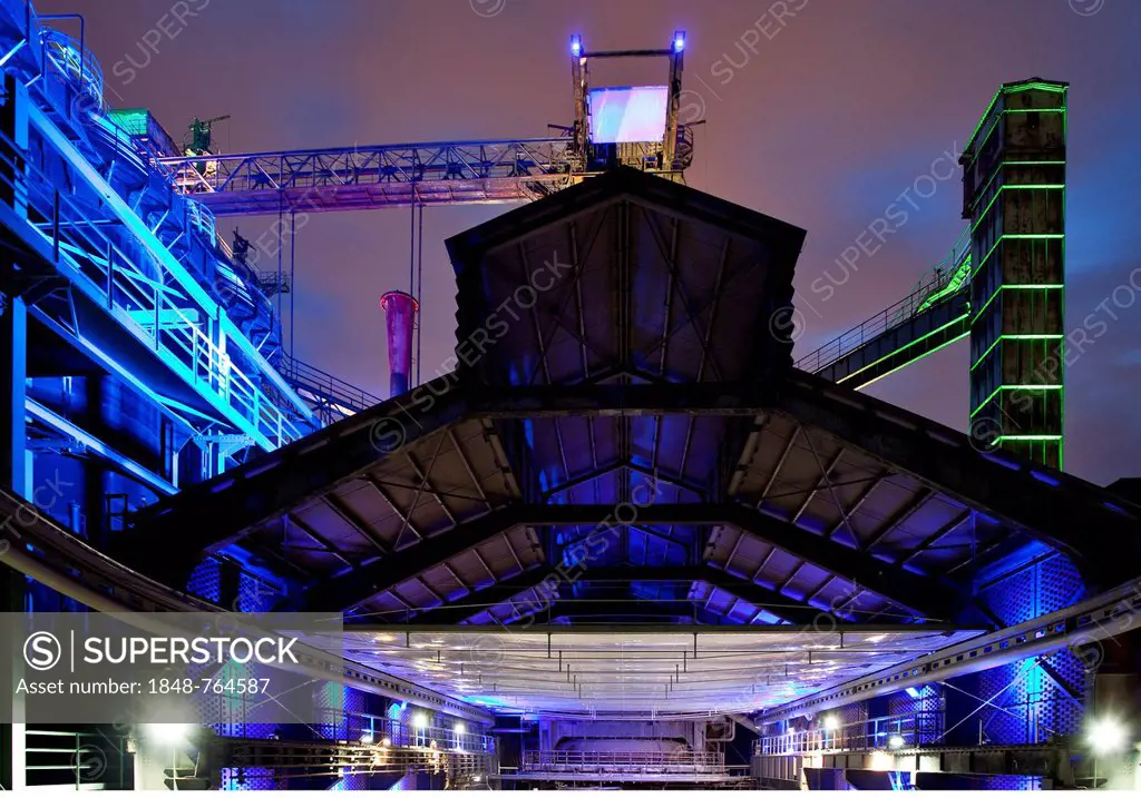 Illuminated view of the former steel plant in Landschaftspark Duisburg Nord, North Rhine-Westphalia, Germany, Europe, PublicGround