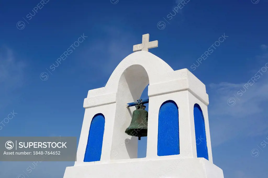 Bell tower of a chapel in Fira or Thira, Santorini, Cyclades, Greek Islands, Greece, Europe