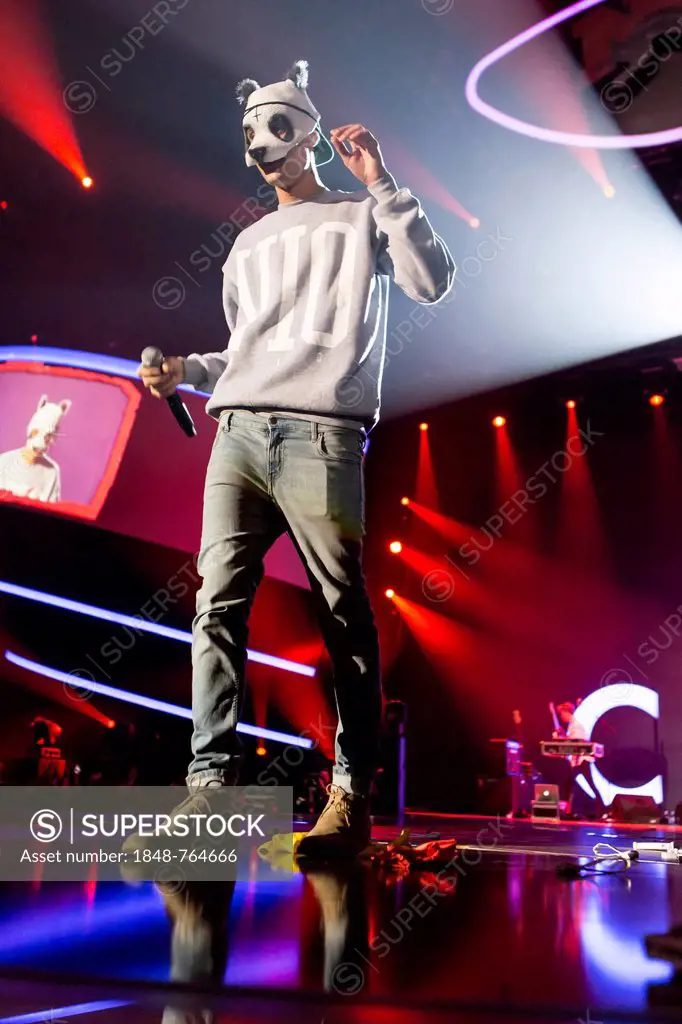 German rapper and singer Carlo Waibel, aka CRO, perfoming live at Energy Stars For Free in Hallenstadion, Zurich, Switzerland, Europe