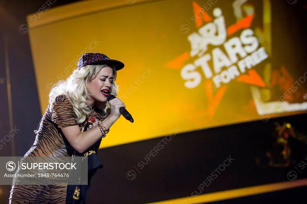 Rita Ora, a British singer, model and actress of Kosovar Albanian descent, singing live at the Energy Stars For Free event, Zurich Hallenstadion hall,...