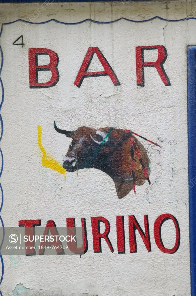 Sign of a bar with a painted fighting bull, Bar Taurino, Catalonia, Spain, Europe