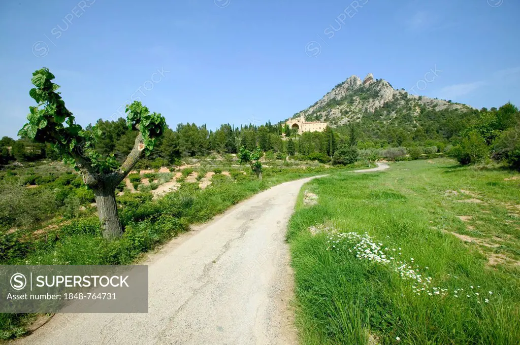 The Santa Barbara mountain and the Sant Salvador monastery, Horta de Sant Joan, Catalonia, Spain, Europe