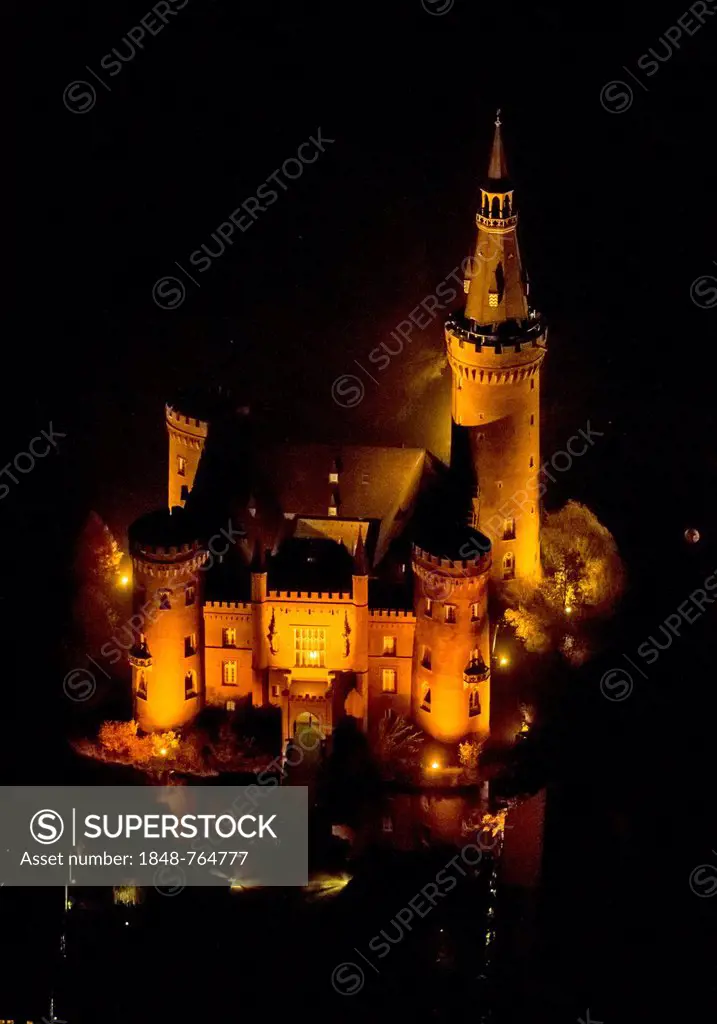 Aerial view of Moyland moated castle, neo-Gothic style, night shot, Bedburg-Hau, North Rhine-Westphalia, Germany, Europe