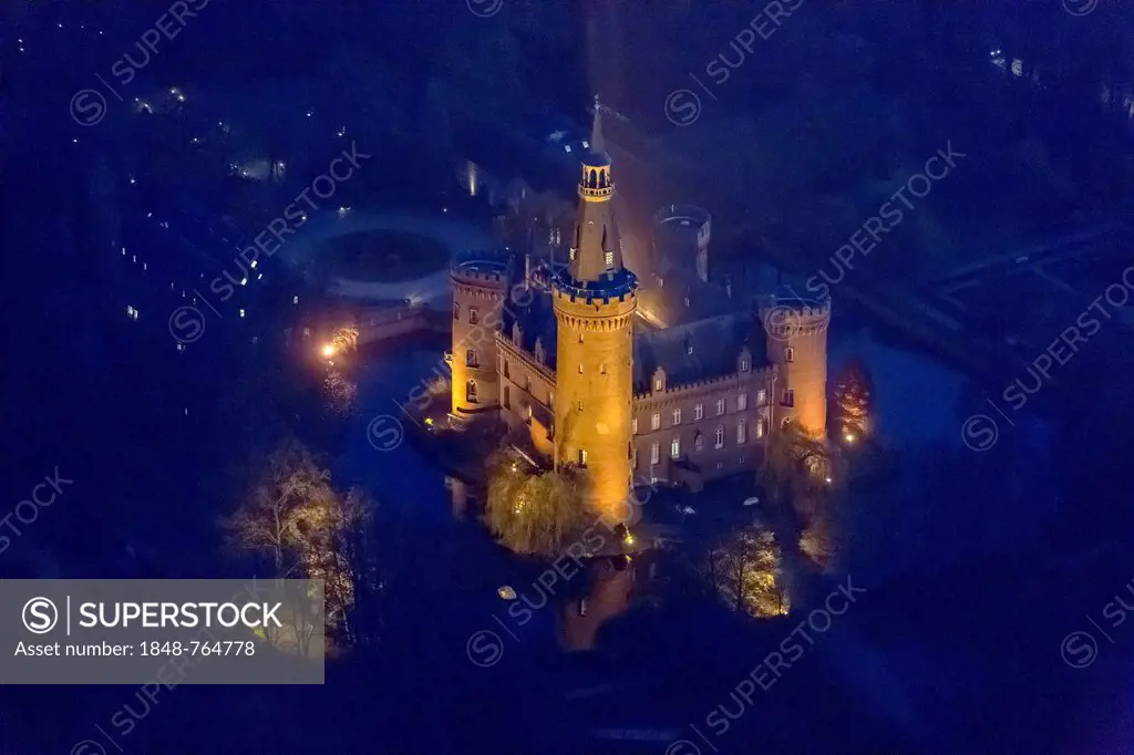 Aerial view of Moyland moated castle, neo-Gothic style, night shot, Bedburg-Hau, North Rhine-Westphalia, Germany, Europe