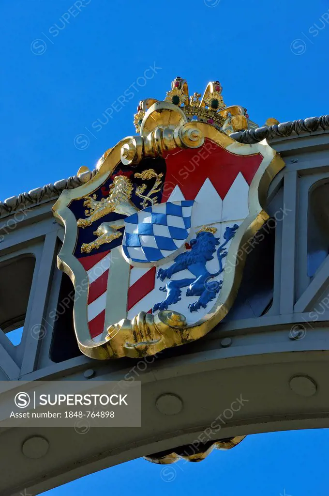 Bavarian coat of arms on the border bridge between Bavaria and Salzburg State, Laufen, Chiemgau region, Upper Bavaria, Bavaria, Germany, and Oberndorf...
