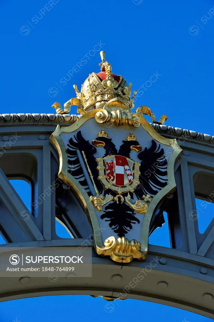 Austrian coat of arms on the border bridge between Bavaria and Salzburg State, Laufen, Chiemgau region, Upper Bavaria, Bavaria, Germany, and Oberndorf...