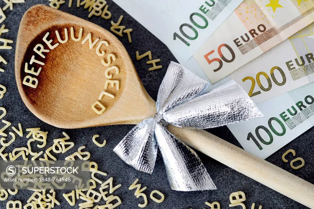 Wooden spoon with the word Betreuungsgeld, German for carer's benefit, from pasta letters, next to euro banknotes