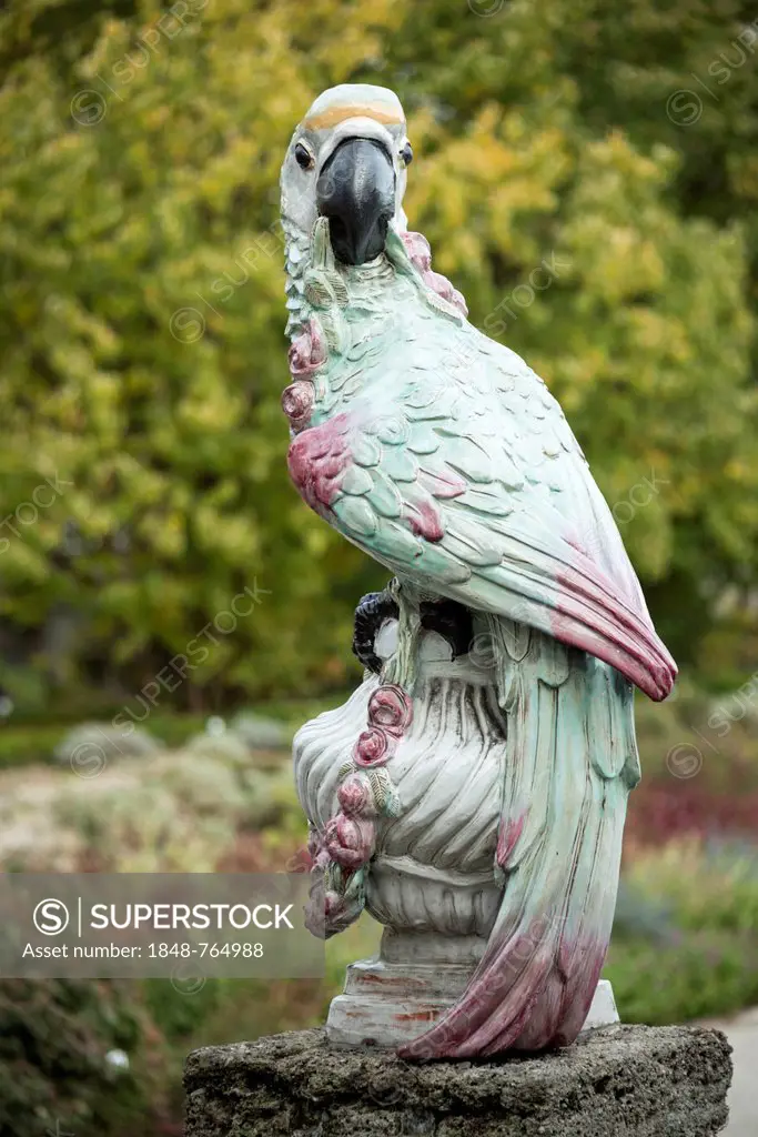 Parrot as a porcelain figure from the Nymphenburg Porcelain Manufactory, Botanical Garden, Munich, Bavaria, Germany, Europe