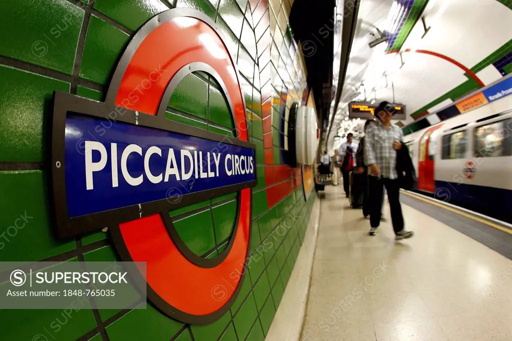 Piccadilly Circus underground station, logo, London, England, United Kingdom, Europe, PublicGround