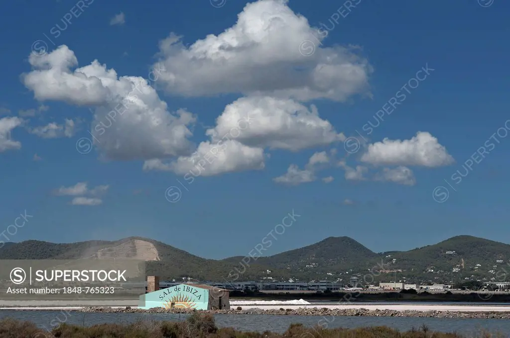Sal de Ibiza salt pans in front of the airport, Ibiza, Pitiusic Islands or Pine Islands, Balearic Islands, Spain, Europe