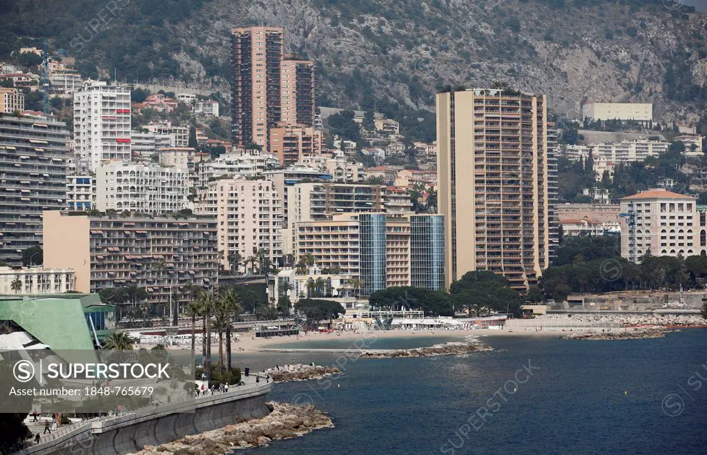 View towards Larvotto, Principality of Monaco, Cote d'Azur, Mediterranean Sea, Europe
