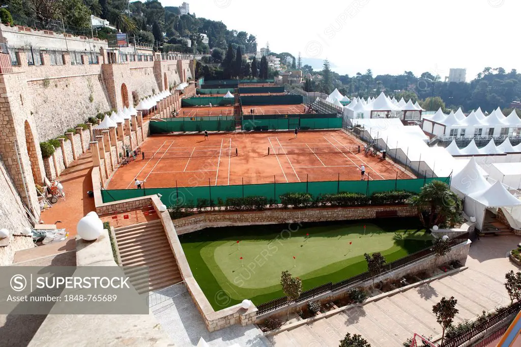View from above over the tennis courts and the VIP village of the Monte Carlo Country Club, Monte Carlo Bay Hotel & Resort, Monte Carlo, Principality ...