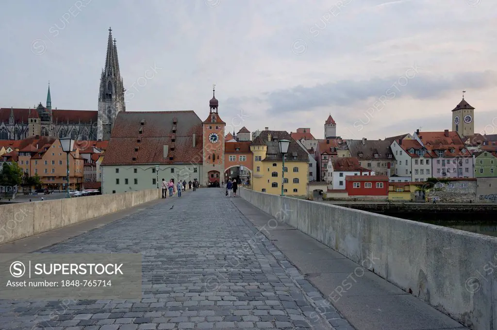 St. Peter's Cathedral, Salzstadel storage building, Brueckentor tower, Steinerne Bruecke stone bridge, Danube River, Golden Tower, Town Hall Tower, Re...