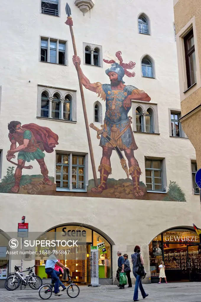 Fresco of David and Goliath, Goliath House, Goliathstrasse, historic town centre of Regensburg, Upper Palatinate, Bavaria, Germany, Europe