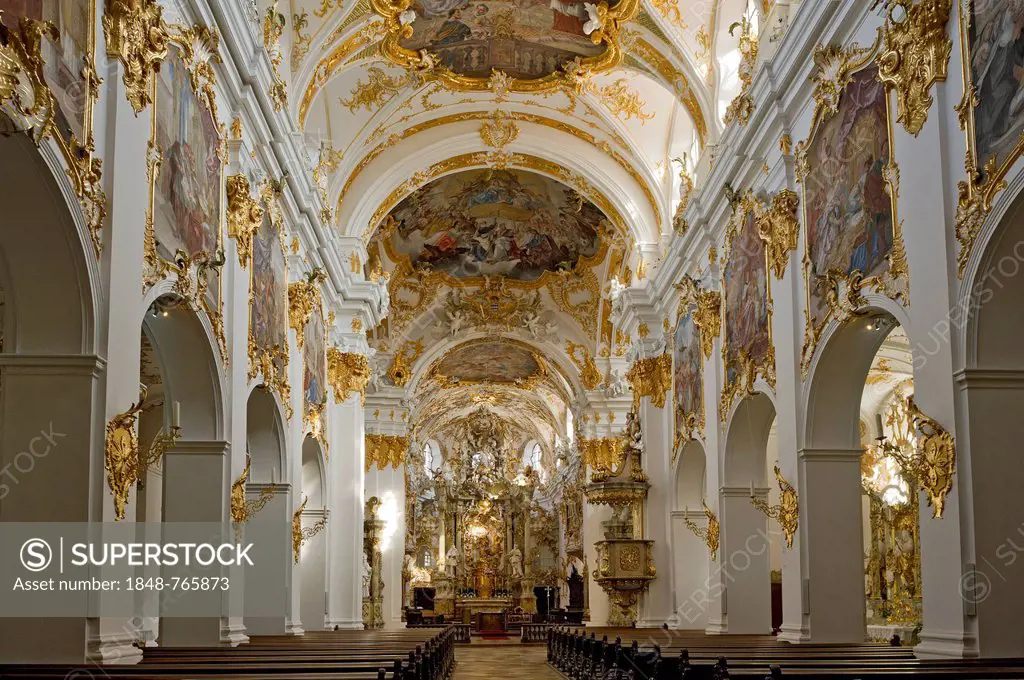 Rococo furnishings, nave of the Collegiate Church of Our Lady or Old Chapel, historic town centre of Regensburg, Upper Palatinate, Bavaria, Germany, E...