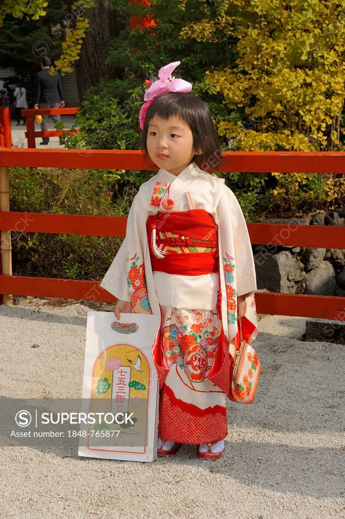 Girl wearing a festive kimono at the Shichi-go-san festival or Seven-Five-Three festival, she is holding a typical Chitose-ame bag filled with candy c...