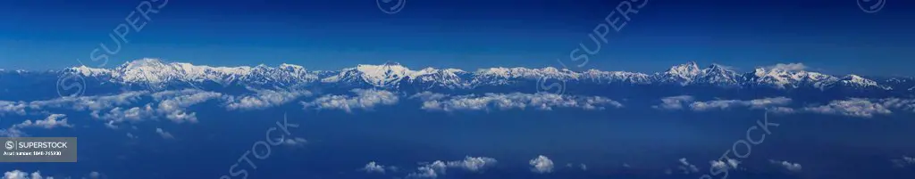 Mountain range of the Himalayas from a plane, between Delhi and Kathmandu, Asia