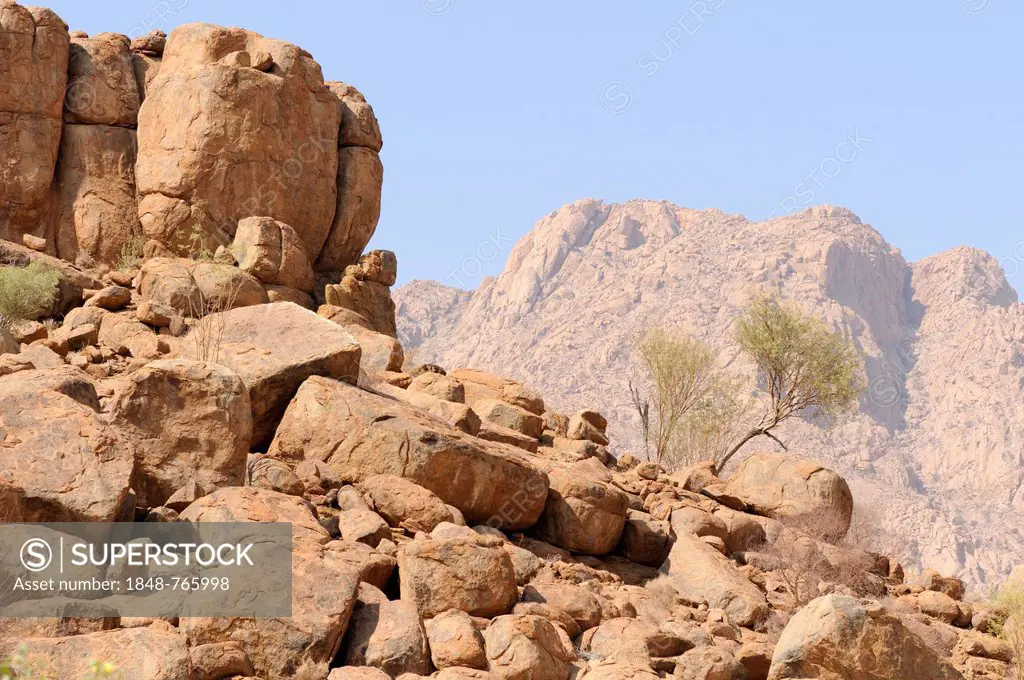 Mountain landscape along a trail to the White Lady rock painting in the Tsisab Gorge, Brandberg, Damaraland, Namibia, Africa