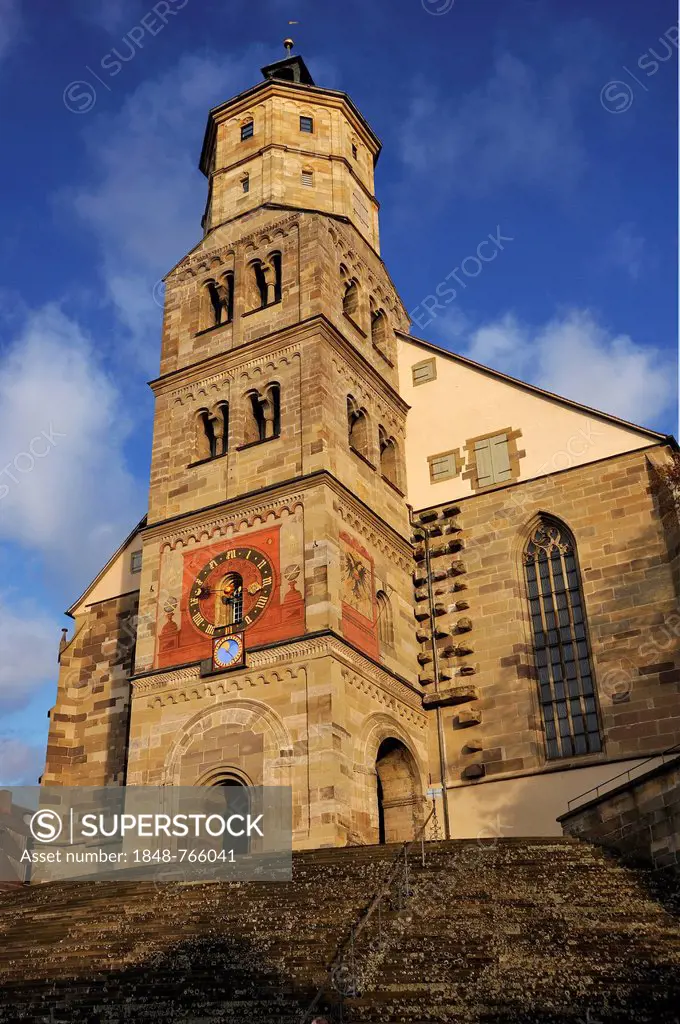 St. Michael's Church, 1427, with church clock and astronomical clock, 1746, outside staircase, 1507, market square, Schwaebisch Hall, Baden-Wuerttembe...