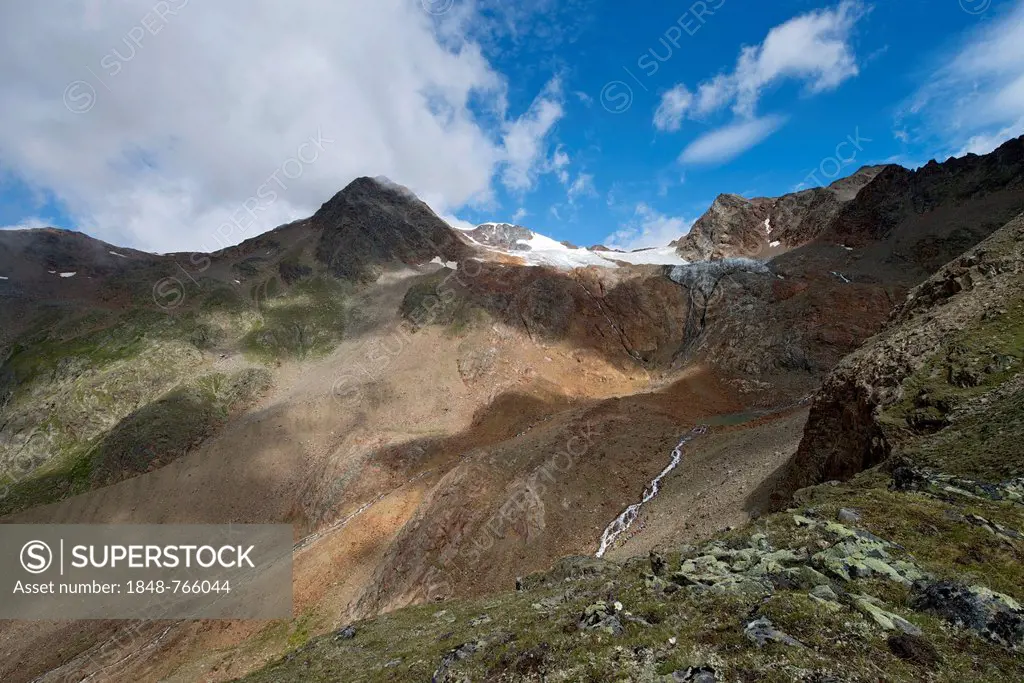 Mountains Oetztaler Urkund, Wildspitze, Rofenkar-Ferner, from Mt Wildes Mannle, Oetztal Alps, Tyrol, Austria, Europe