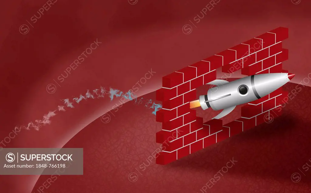 Rocket breaking through a wall, illustration