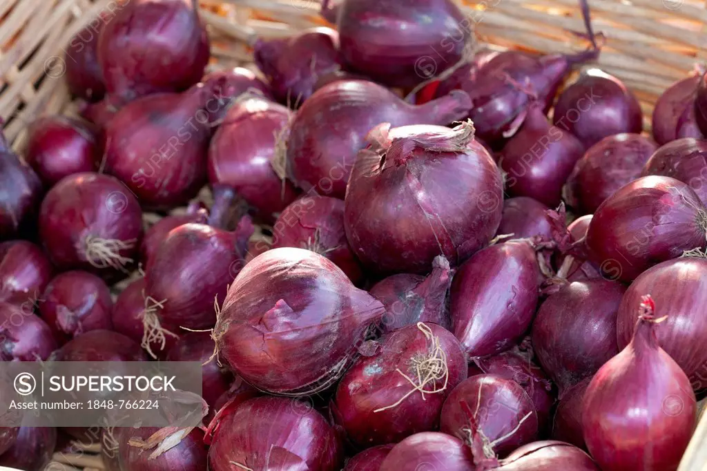 Basket with red onions at a market stall, Dortmund, Ruhr area, North Rhine-Westphalia, Germany, Europe, PublicGround